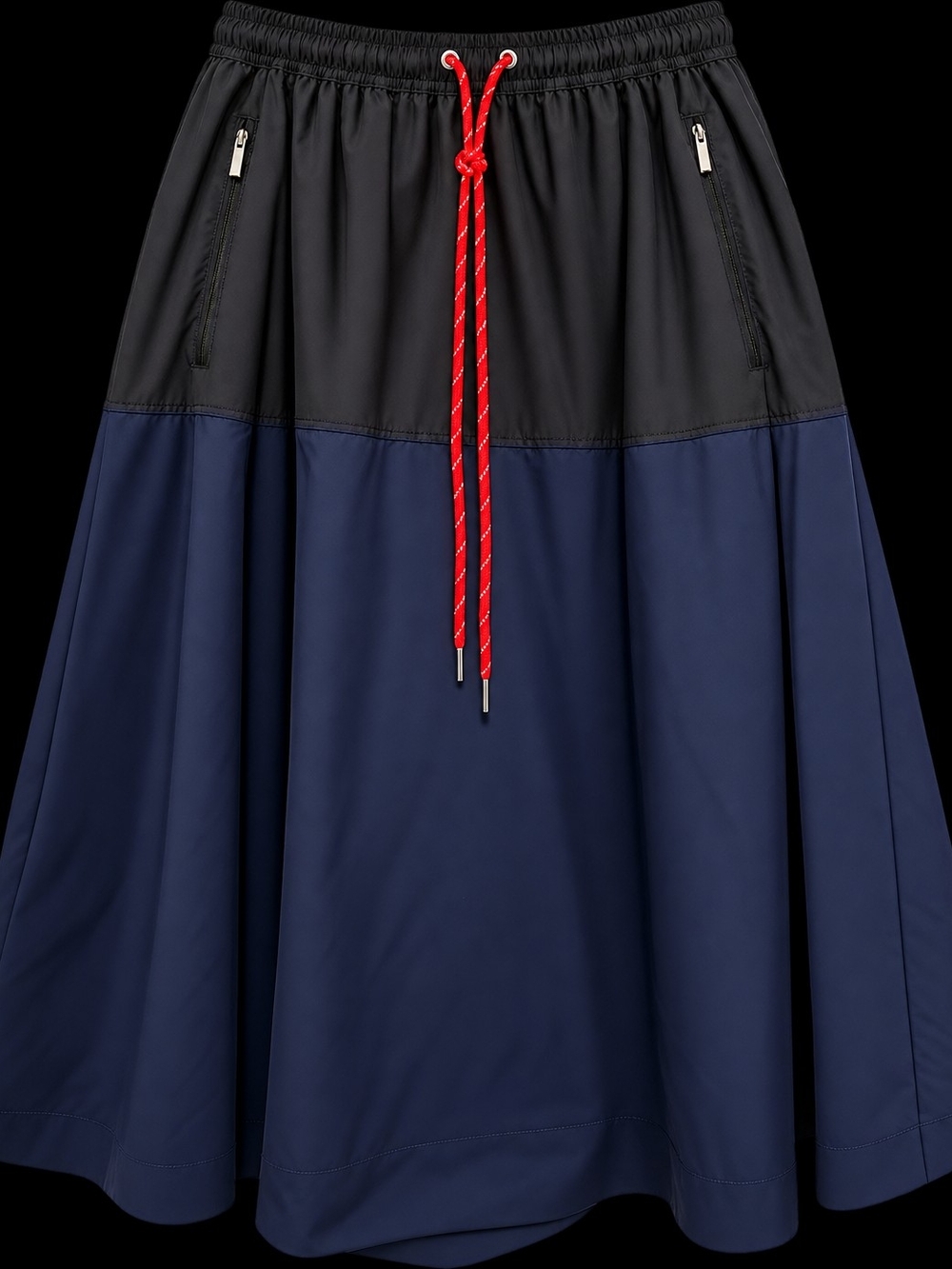 Navy and Black Midi Skirt with Red Drawcord